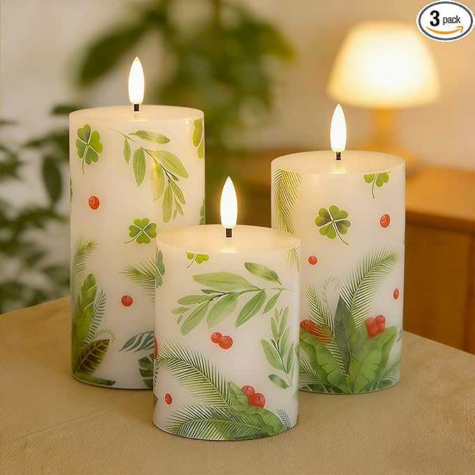 Flameless Pillar Candles with Remote, 3 Pack Battery Operated Real Wax Green LED Candles, Perfect for Spring Summer Home Decorations Fireplace Table, Shamrock