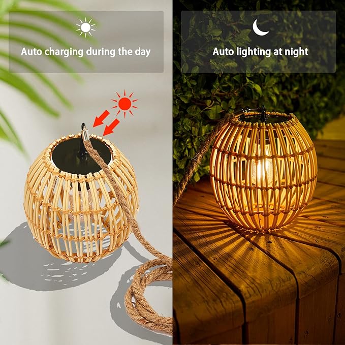 Livinlarge Hanging Solar Lantern Outdoor Waterproof, Large Solar Rattan Lantern Outdoor with Twine Handle, Bright Outdoors Hanging Lights with Edison Bulb for Garden Patio Yard Decoration