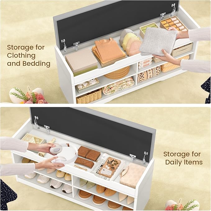 usikey 3-Tier Storage Bench, 47.2" Wide Shoe Bench with Lift Top Storage & 2 Adjustable Shelves, Entryway Bench with Padded Seat Cushion, 4 Doors, Shoe Cabinet Bench for Entryway, Living Room, Bedroom