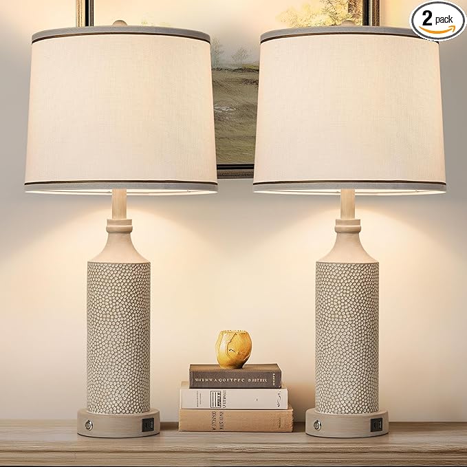 AIDENOEY 27.5" H 3-Way Dimmable Touch Control Table Lamp with USB A+C Ports, Vintage Washed White Finish Resin Bedside Farmhouse Table Lamp Set of 2，for Living Room，Bedroom，Office