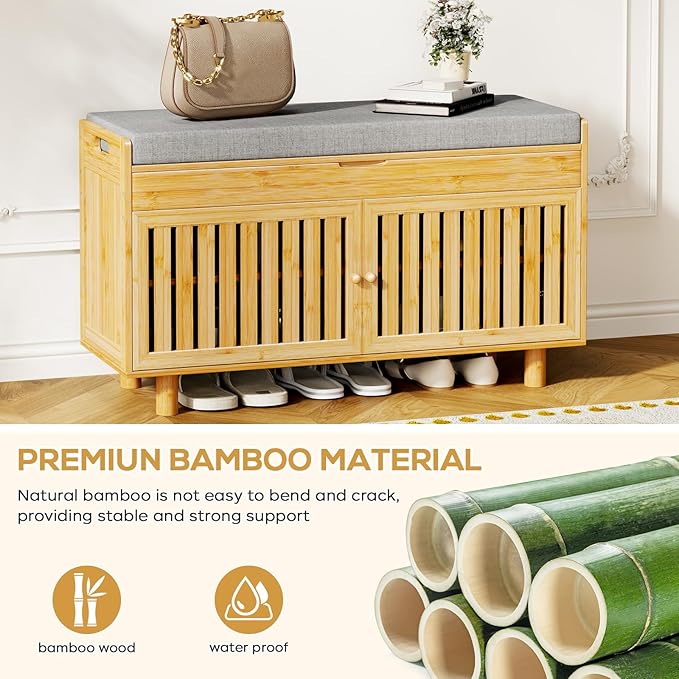 Shoe Storage Bench Coat Rack Set, 35.4" Bamboo Shoes Bench with Lift Top Hidden Storage & Wall Hooks, Hall Tree Entryway Bench with Seat Cushion, 2-Tier Shoe Cabinet for Entryway, Living Room, Bedroom