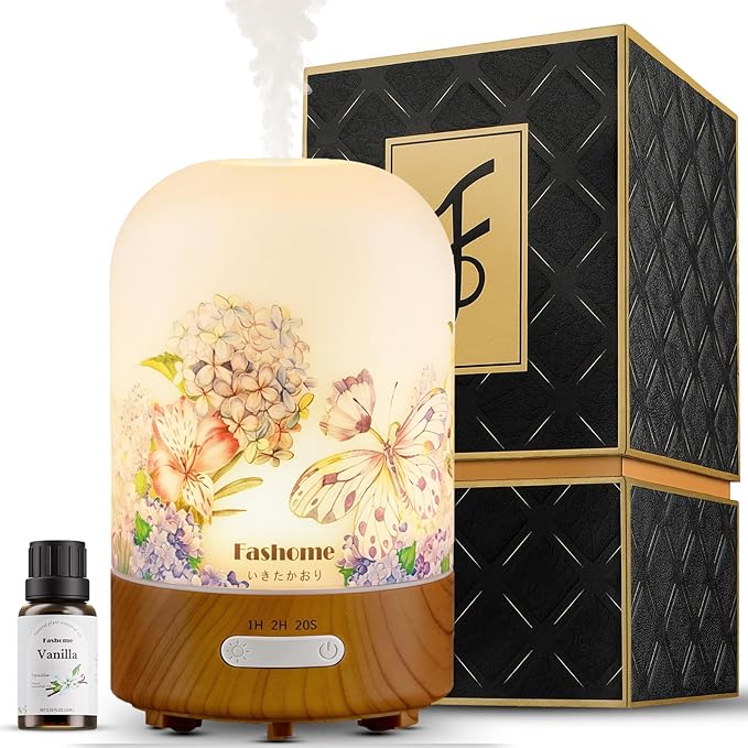 Essential Oil Diffuser Hand Blown Glass, 100ml Small Aromatherapy Diffuser, Auto Shut-Off Function, Ultrasonic Diffusers for Essential Oils, Cool Mist Humidifier with Warm White Lights