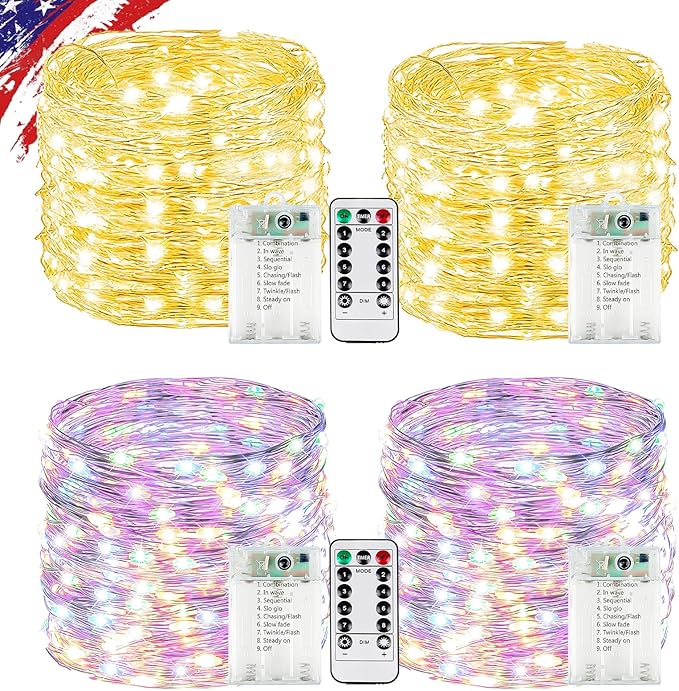 4Pack 80FT 240LED Fairy Lights Battery Operated with Remote & Timer 8 Modes Twinkle String Lights Battery Powered Indoor Outdoor Waterproof for Bedroom Wedding Christmas Décor Warm White & Multicolor