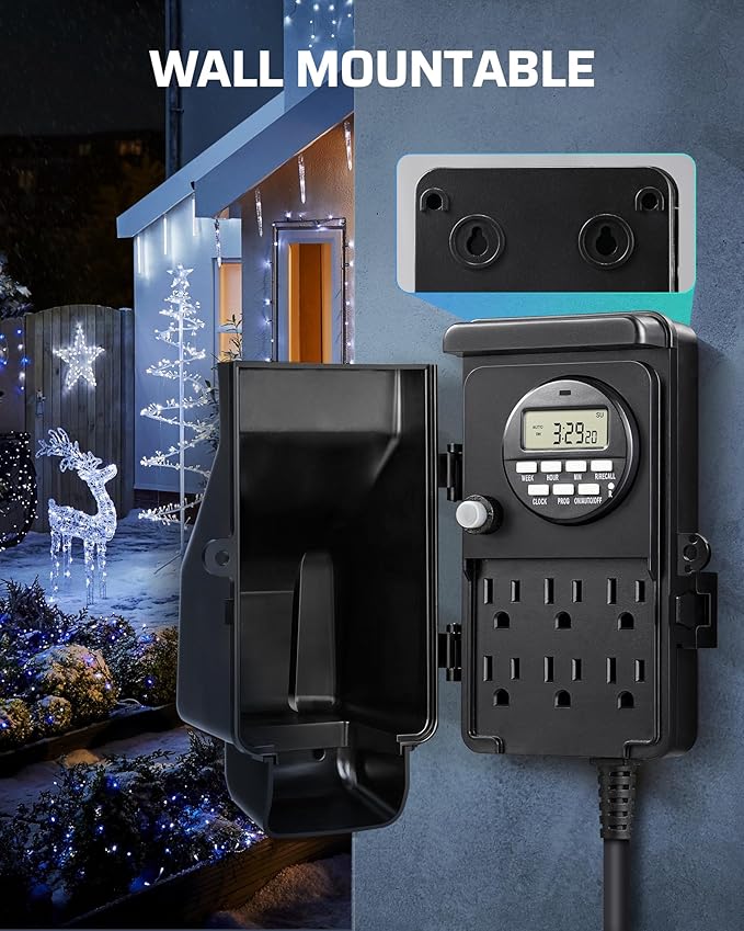DEWENWILS Outdoor Digital Power Strip Timer, Multi Sockets, Waterproof 6 Outlets Garden Power Stake, 6ft Cord, Outdoor Timer for Lights, Yard, Garden, 15A Heavy Duty