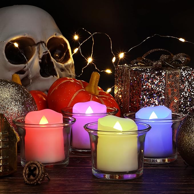 Rechargeable LED Color Changing Tea Lights USB Flameless Warm White Flickering Votive Candles with Remote for Halloween Christmas Romantic Home Decor