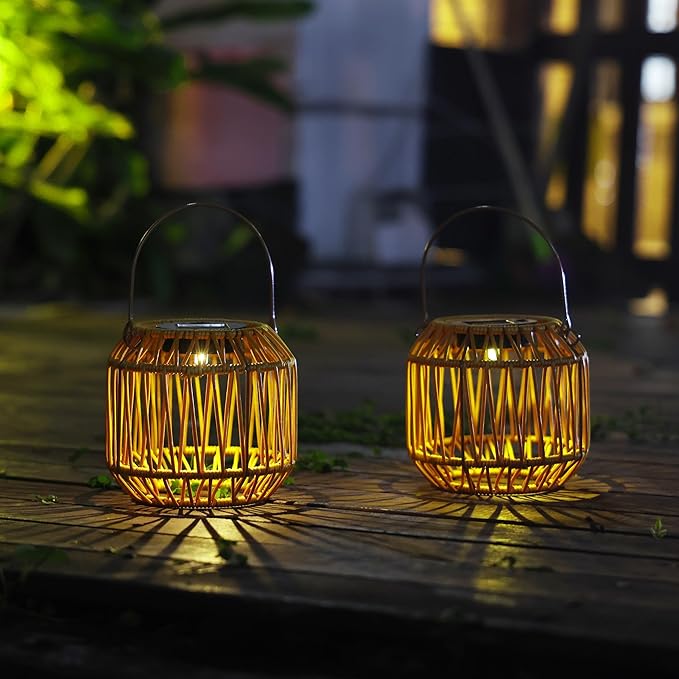 Solar Outdoor Rattan Lanterns, Decorative Hanging Lights for Patio Garden Backyard（Two Pack）(Style 1)