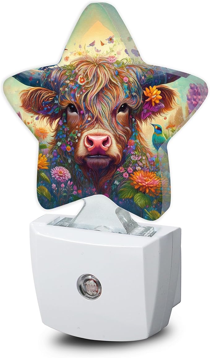 Night Light,Highland Cow Bird Plug into Wall with Dusk to Dawn Light Sensors,Colorful Flowers Warm Star Nightlights for Bedroom,Bathroom,Hallway,Kitchen Home Decor Desk Lamp