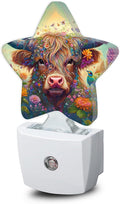 Night Light,Highland Cow Bird Plug into Wall with Dusk to Dawn Light Sensors,Colorful Flowers Warm Star Nightlights for Bedroom,Bathroom,Hallway,Kitchen Home Decor Desk Lamp