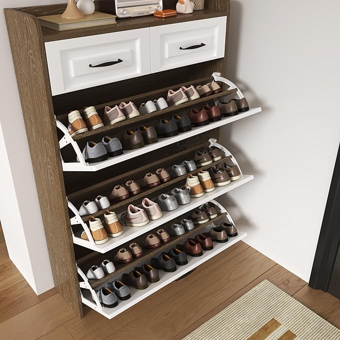 Narrow Shoe Cabinet with 2 Slide Drawers & 3 Flip Drawers, Modern Freestanding Shoes Rack Storage Organizer with Open Top for Entryway, Hallway, Bedroom, Mudroom (Brown)