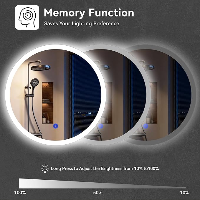20“ x 20” LED Bathroom Smart Mirror, Round Mirror with Three Color Light Temperature Brightness Settings,Backlit + Front Lit,Wall-Mounted Vanity Mirror with Memory Function