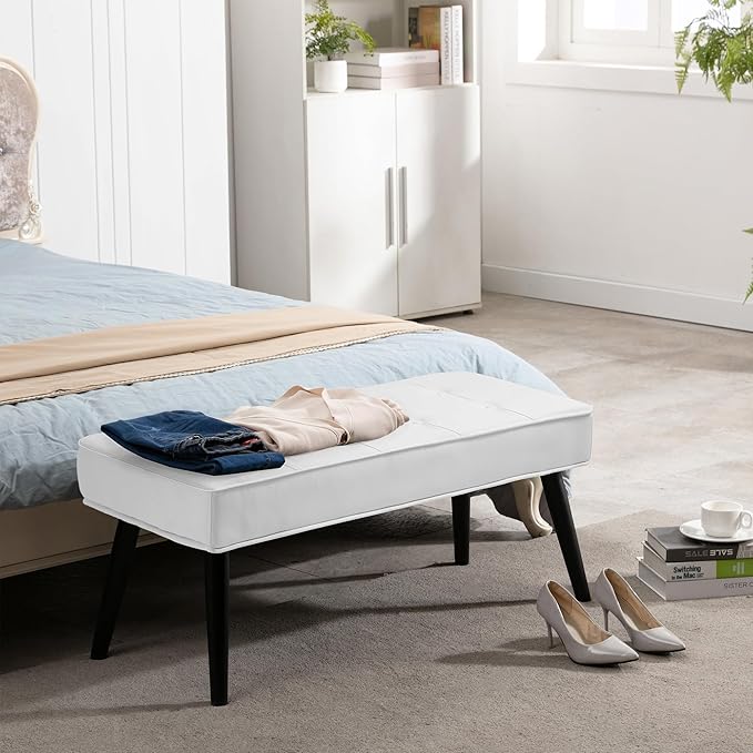 LOULENS 40'' PU Leather Tufted Ottoman Bench, Modern Upholstered End of Bed Bench, Waterproof Leather Entryway Bench with Wood Legs, Accent Footrest for Living Room, White