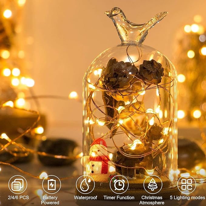 6 Pack Fairy Lights Battery Operated16.4Ft 50 LEDs Silver Copper Wire Twinkle Lights with 2 Lighting Modes for Christmas Bedroom Indoor Outdoor Wedding Decorations (Warm White)