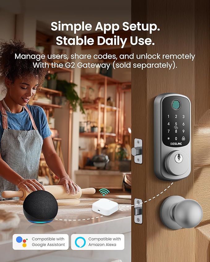 DESLOC B200 Fingerprint Smart Lock with 2 Knobs, Keyless Entry Front Door Lock Set, Electronic Keypad Deadbolt, App Control, Auto Lock, Long Battery Life,Silver