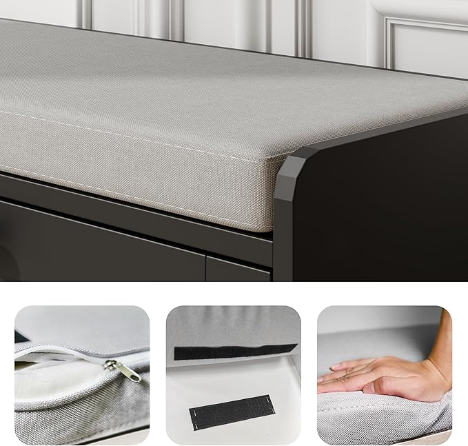 MHOM Black Modern Entryway Bench with 2 Flip Drawers, Shoe Bench with Padded Seat Cushion, Wooden Storage Bench for Hallway and Entryway