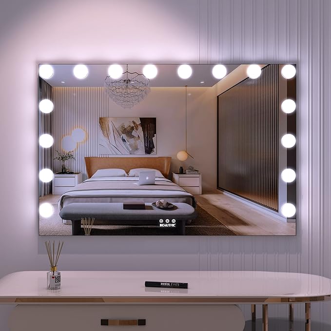 BEAUTME Large Vanity Mirror with Lights, 35.9''×24.3'' Hollywood Makeup Mirror with 16 Dimming LED Bulbs, 3 Lighting Modes, Touch Control, Tabletop or Wall Mounted, Black