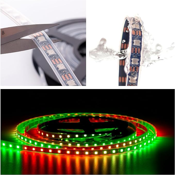 WS2812B LED Strip Individual Addressable Light 16.4FT 60Pixels/m 300Pixels Dream Color SMD 5050 LED Pixel RGB Strip IP67 Waterproof DC5V (White PCB)
