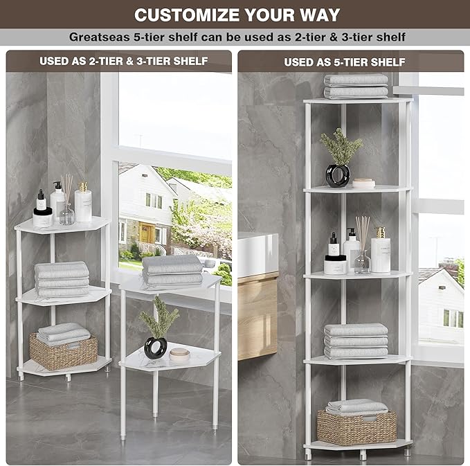 5-Tier Corner Shelf Stand Marble White 50.2" Bathroom and Kitchen Corner Shelves for Small Spaces Organization & Storage Kitchen Decor Accessories