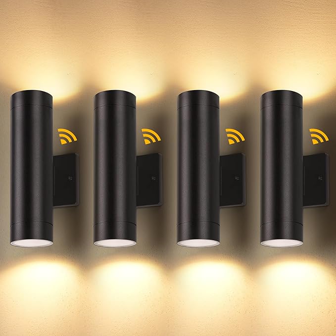 LUTEC Dusk to Dawn Outdoor Wall Lights, 16W Integrated LED Cylinder Up-Down Sconce, 3000K Waterproof Aluminum Exterior Lighting, Matte Black Modern Porch and Entryway Wall Light Fixture, 4 Pack