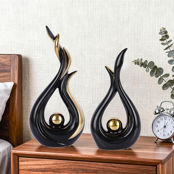 Black and Gold Abstract Ceramic Sculptures 2 Set,Modern Home Decor Dining Table Objects,Ceramic Art Statue for Coffee Table, Shelf, Dining Room, Kitchen, Tv Stand, Entryway Or Desktop Display