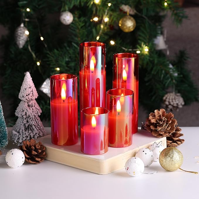Eywamage Red Glass Flameless Candles with Remote Batteries, Flickering Slim Tall LED Pillar Candles Set of 5