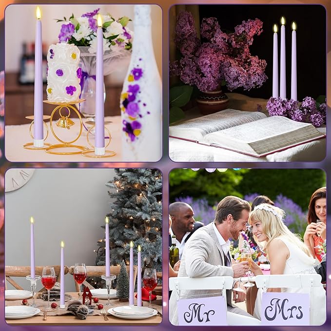 Macarrie 24 Packs Flameless Taper Candles Battery Operated Fake 11 Inch Long Candlelight LED Flameless Candlesticks Flickering Tapered for Spring Summer Wedding(Lavender Purple)