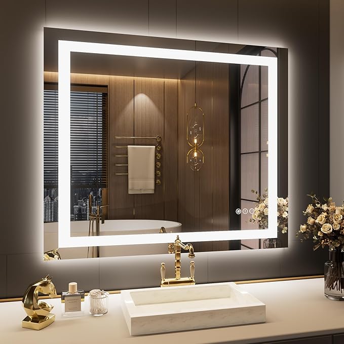 LOAAO 40"x34" LED Bathroom Mirror with Lights, Anti-Fog, Dimmable, Backlit + Front Lit, Lighted Bathroom Vanity Mirror for Wall, Memory Function