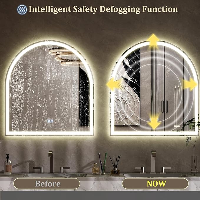 BEAUTYPEAK 34x30 LED Arch Bathroom Mirror with Lights, Anti-Fog, Dimmable, Backlit + Front Lit, Lighted Bathroom Vanity Mirror for Wall, 3 Colors, Memory Function, Tempered Glass, Shatter-Proof