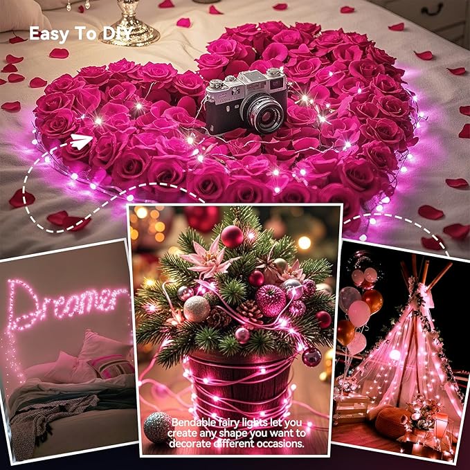 LitHome 4 Pack Valentine's Day Pink Fairy Lights Battery Operated, 20 FT 60 LED Valentines Lights Battery Operated 2 Modes Indoor, Waterproof Led Fairy Twinkle Lights for Gift Bedroom Wedding Decor