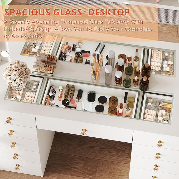 Vanity Desk with Large Mirror and 10 LED Lights, Glassstop Makeup Vanity Desk with 11 Drawers & Power Outlet & Hair Dryer Stand, Dressing Table with Crystal Handles for Girls, Women (White)