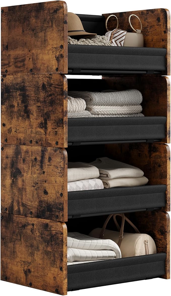 FOUCSSOMEI Closet Organizer and Storage, 4 Tier Stackable Storage Organizer, Wooden & Metal Closet Shelves, Modular Clothes Organizer, Storage Shelf, Bedroom & Closet Organization, Patent Design