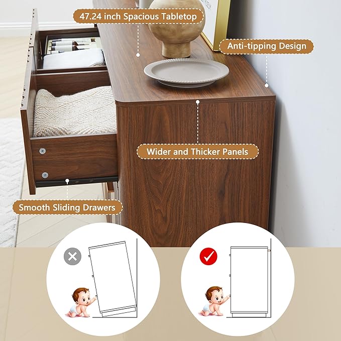 Fluted Double Dresser for Bedroom with 6 Drawers, 47" Wide Modern Chest of Drawers, Curved Profile Wood Storage Dressers TV Stand,Wooden Closet Clothes Storage Organizer for Living Room Hallway,Walnut