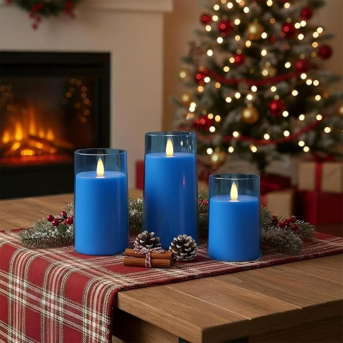 Raycare Flameless Electronic Pillar Candles with Remote Control and Timer- Battery Operated Realistic Flickering LED Fake Candle for Home, Wedding, Valentine's Day Decor,Blue,Set of 3(3"x4"5" 6")