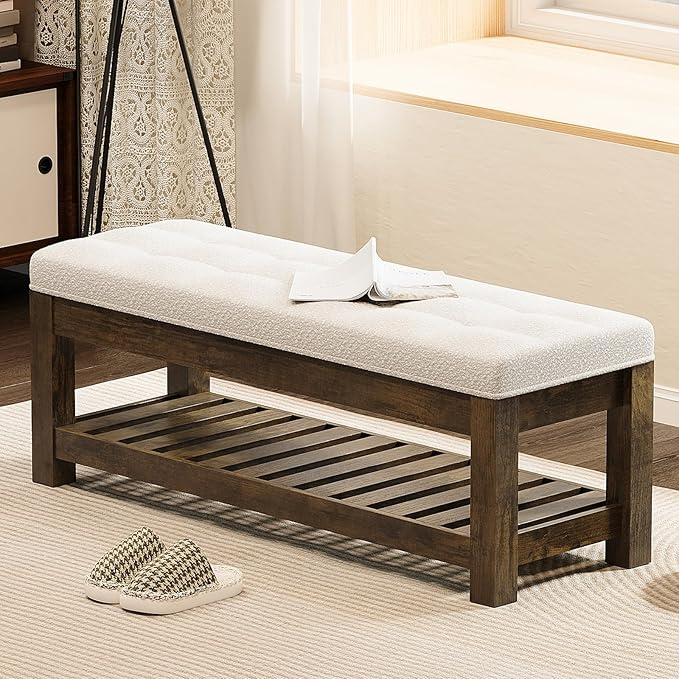 Large Upholstered Ottoman Bench Entryway Storage Benches Tufted Linen Ottoman Bench with Wood Shelf Padded End of Bed Bench for Bedroom Living Room Hallway Decor