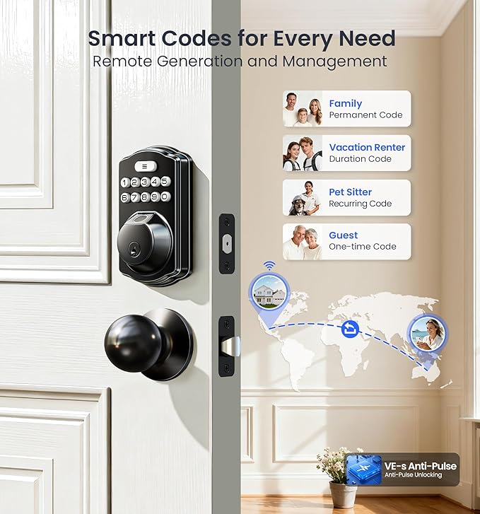 Veise VE012W-K Built-in WiFi Fingerprint Smart Lock with 2 Knobs, No Hub Needed, Remote APP Control, Keyless Entry Door Lock, Smart Deadbolt for Front Door, Auto Locking, Matte Black
