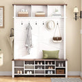 Farmhouse 4-in-1 Hall Tree with 6 Hooks, Practical Walnut Entryway Bench with Adjustable Shelves, Wooden Style Rustic Shoe Organizer with 16 Open Compartments for Mudroom, Living Room (White/8C)