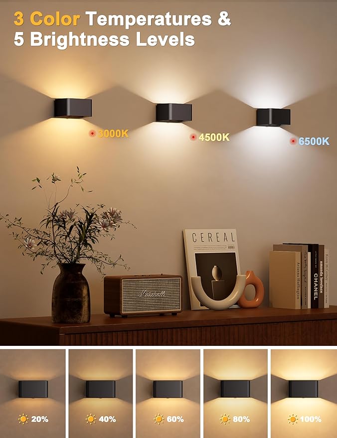 NIORSUN Motion Sensor Wall Light, 5000mAh Battery Operated Wall Sconce with Remote, 3CCT Dimmable Rechargeable Wall Lights,Wireless Sconces for Living Room Bedroom Hallway