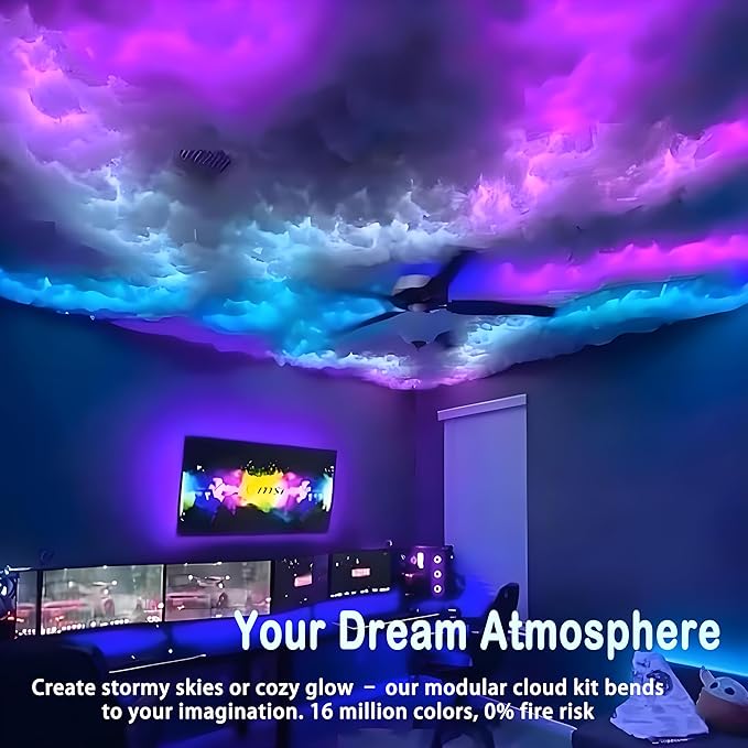 Thunder Glow DIY Storm Cloud Cotton Light Kit with 16.4ft LED Strip – Music Sync Cloud LED Lights for Ceiling, 16M Colors, Expandable Design for Bedroom, Gaming Room, Party Decor (Covers 32-54 Sq.Ft)