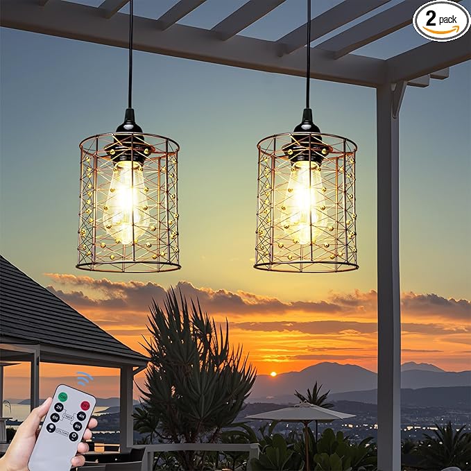 Battery Operated Hanging Outdoor Chandelier, Battery Power 5′′×6′′ Pendant Light, Gazebo Lights Outdoor, 4 AA Batteries, for Gazebo, Pergola, Porch, Patio, Indoor Outdoor Decor Lighting (2)