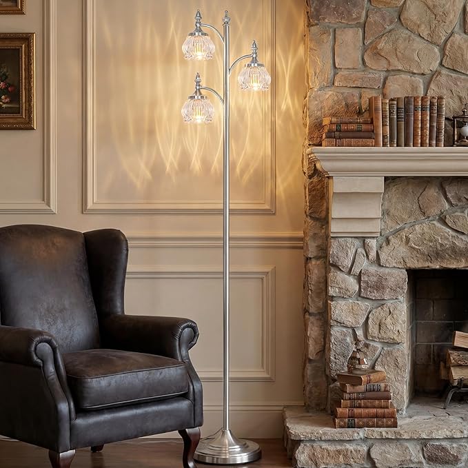 Brushed Nickel Floor Lamps for Living Room Silver Flower Standing Lamp with 3 Brightness Lights Glass Shades 66.5in Lamp for Bedroom Office(3LED Bulbs Included)