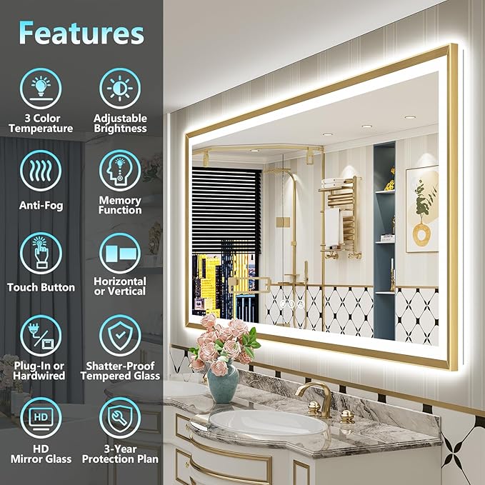 84x32 Gold Beveled LED Bathroom Mirror with Lights, Brushed Gold Framed Backlit and Front Lit Anti-Fog Lighted Vanity Mirrors for Bathroom Wall, Dimmable, 3 Colors, Memory, HD Tempered Glass