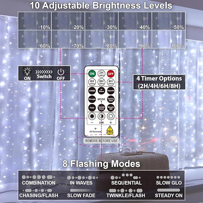 HXWEIYE 300LED Fairy Curtain Lights, 9.8x9.8Ft USB Plug-in 8 Modes Christmas String Hanging Lights with Remote for Bedroom Backdrop Wedding Indoor Wall Decor, White, Standard – 1 Pack