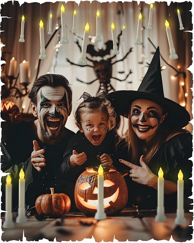 Amagic Batteries Included Floating Candles with Wand Remote, 12pcs Flickering Warm Light Flameless Taper Candles, Magic Hanging Candles with Base for Birthday Party, Halloween Decorations