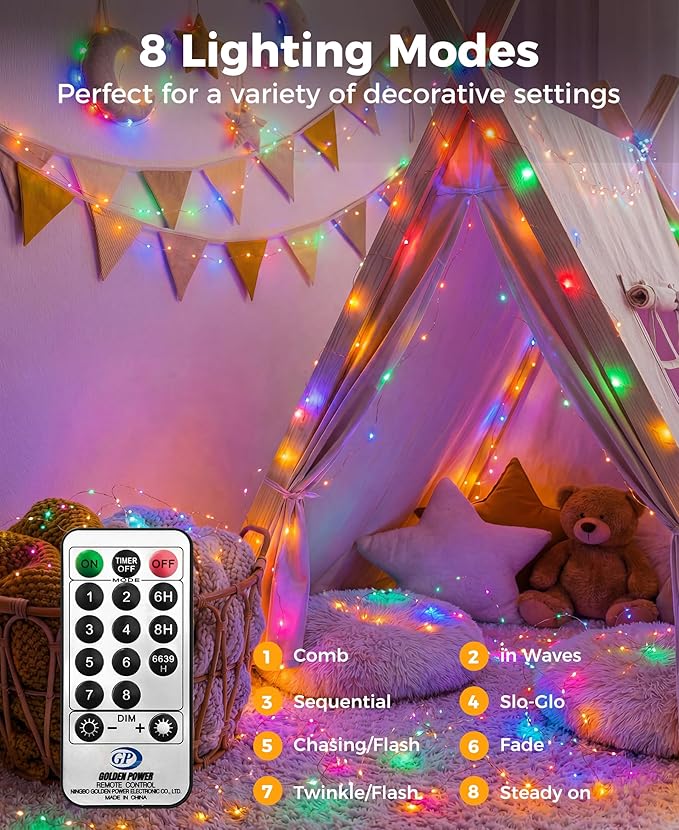 Plug-in Fairy Lights, 66 Ft 200 LED String Light with Remote, 8 Modes, Timer and Dimming Twinkle Lights for Indoor, Bedroom, Party, Decoration, Holiday, Multi-Colored