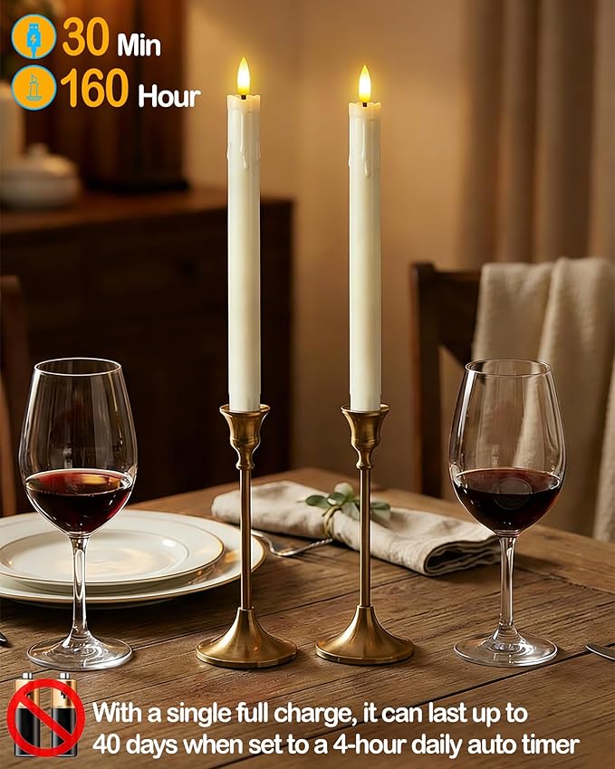 9.6" Rechargeable Flameless Taper Candles with Remote, Timer, Dimmer, Ivory LED CandleSticks, 6 Pack Long Candles Battery Operated for Window, Table, and Mantel Decor