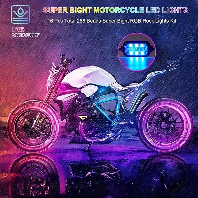 16 Pcs RGB Chasing Motorcycle LED Lights Kit for Harley Davidson Kawasaki Suzuki, Waterproof Magic Multicolor Motorcycle Underglow Kit Strip Lights with APP Control Music Sync Brake Turn Signal