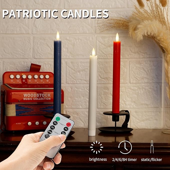 Patriotic Flameless Candles, Red White and Blue Taper Candles, 9.6" Real Wax Battery Operated 4th of July Candlesticks, Flickering Independence Day Candle, Memorial Day Decor, 3 Pack
