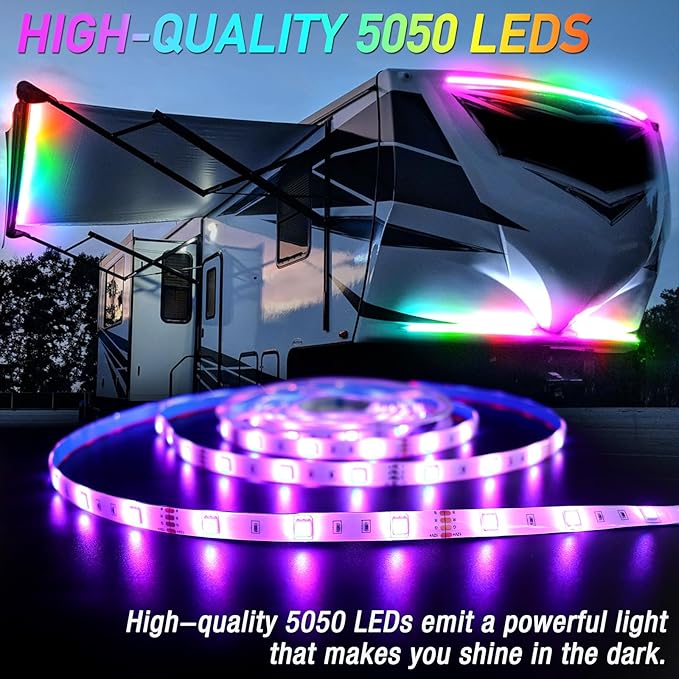 16.4FT RV Awning Lights, 12V Camper LED Light Strip with Remote and APP Control, Waterproof RV Exterior Strip Lights for Canopy Motorhome Travel Trailer Camping BBQ Kitchen (1PC-16.4FT New)
