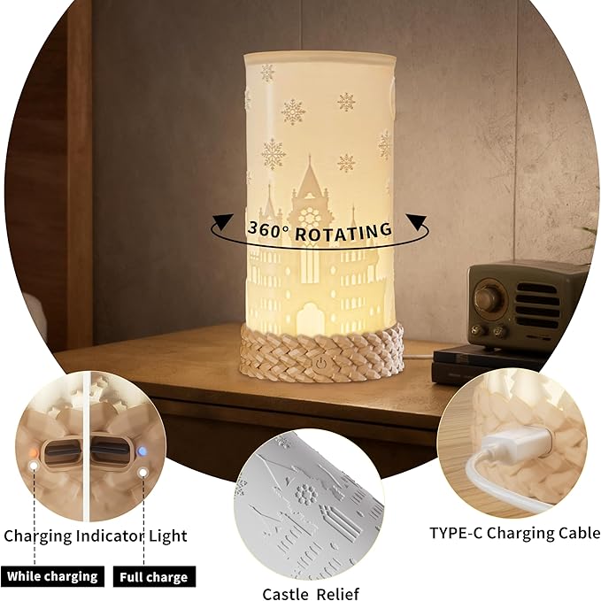 Rotatable Cordless Table Lamp, 3 Color Temperature Bedside Lamps with USB C Charging, Touch Control Rechargeable Battery Powered Nightstand Lamp for Bedroom, Nursery, Home Decor