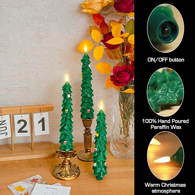 3 PCS Christmas Tree Taper Candles with Remote & Timer, Flameless Christmas Tree Wax Battery Operated Green Tree LED Candle for Christmas Home Decor(3pcs,9.5inch)