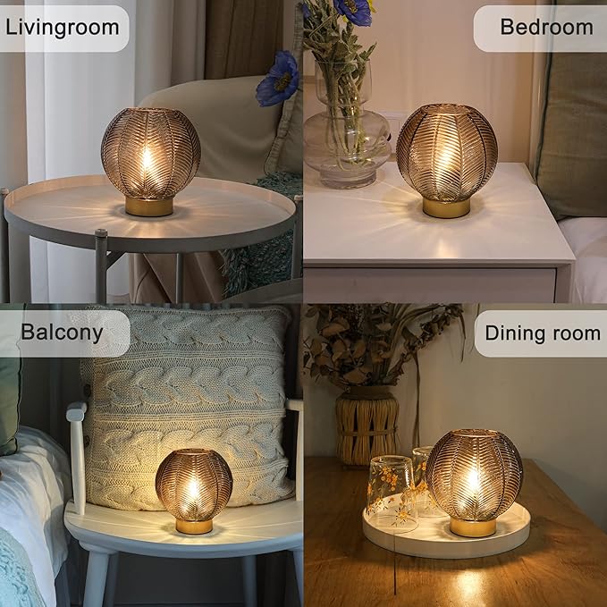 Battery Operated Lamp with Timer, Cordless Amber Glass Table Lamp, Battery Powered Small Lamps Decorative for Living Room Bedside Shelf Corner -Amber